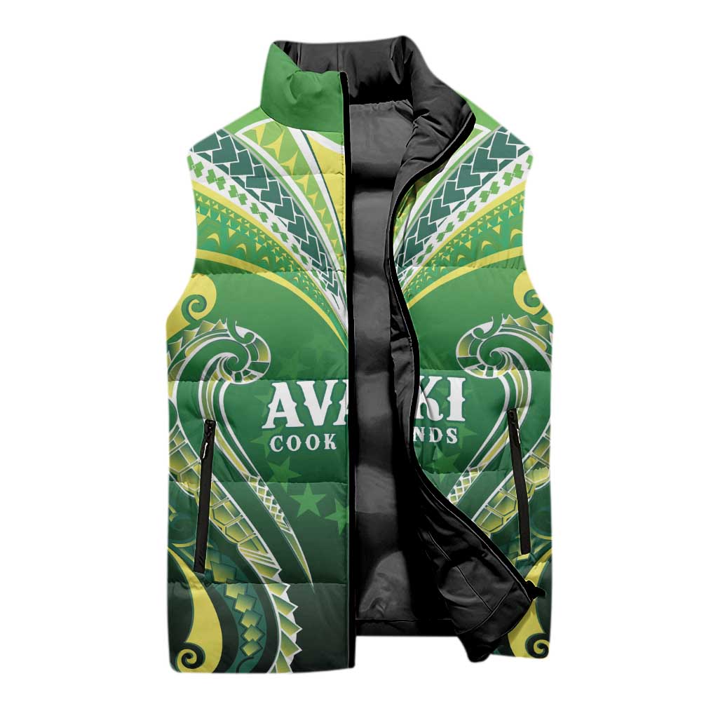 Custom Rugby Cook Islands Avaiki Sleeveless Puffer Jacket Green Kuki Airani Tribal Maori Inspired - Polynesian Pride