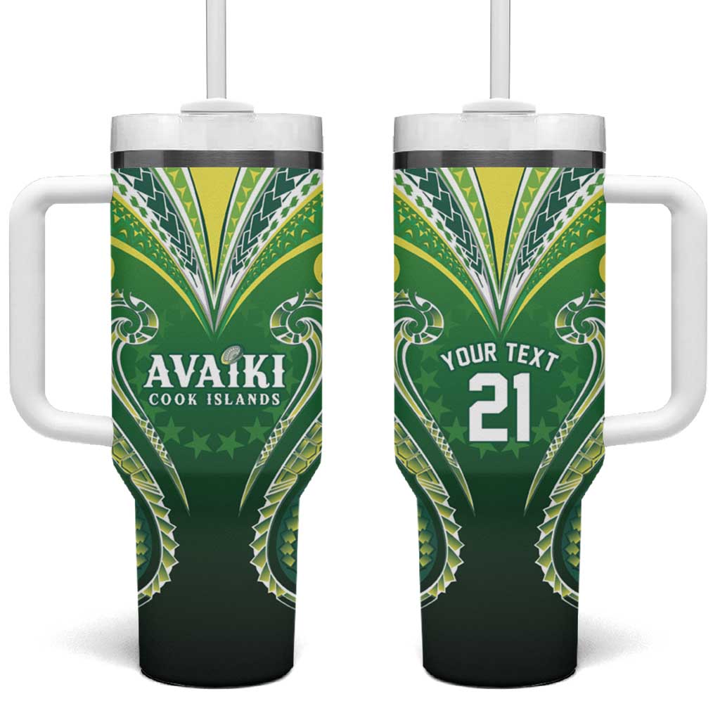 Custom Rugby Cook Islands Avaiki Tumbler With Handle Green Kuki Airani Tribal Maori Inspired - Polynesian Pride