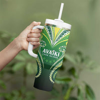 Custom Rugby Cook Islands Avaiki Tumbler With Handle Green Kuki Airani Tribal Maori Inspired - Polynesian Pride
