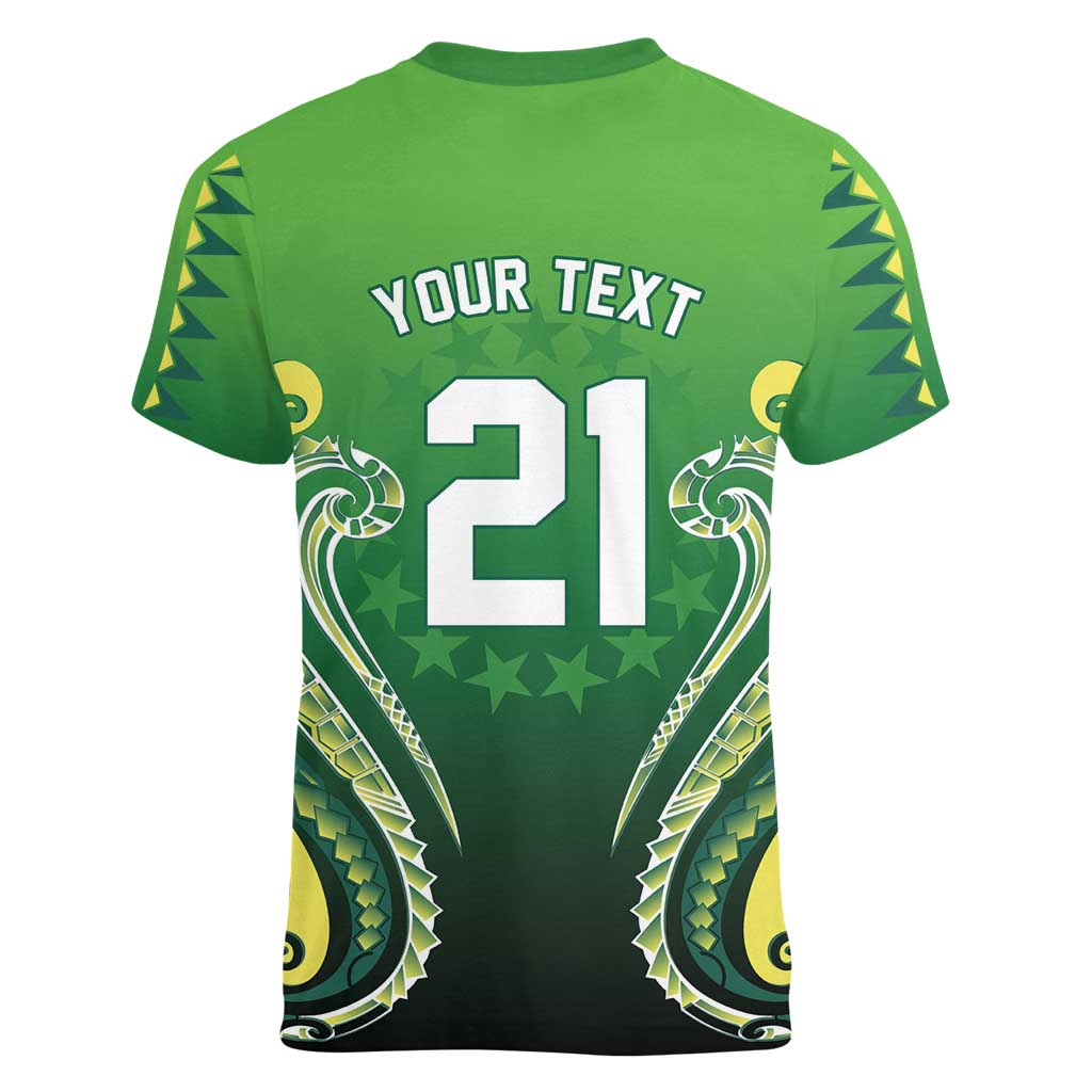 Custom Rugby Cook Islands Avaiki Women V-Neck T-Shirt Green Kuki Airani Tribal Maori Inspired - Polynesian Pride