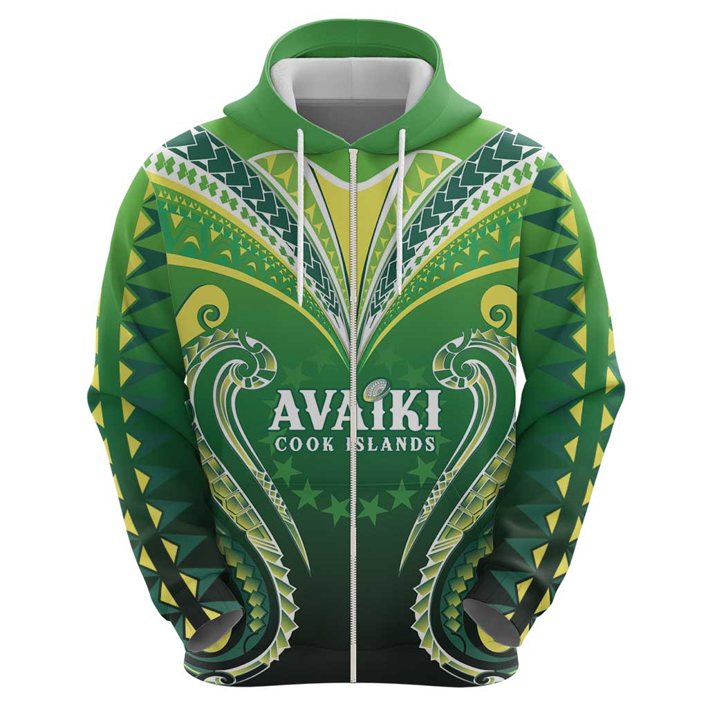 Custom Rugby Cook Islands Avaiki Zip Hoodie Green Kuki Airani Tribal Maori Inspired - Polynesian Pride