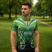 Custom Rugby Cook Islands Avaiki Zipper Polo Shirt Green Kuki Airani Tribal Maori Inspired - Polynesian Pride