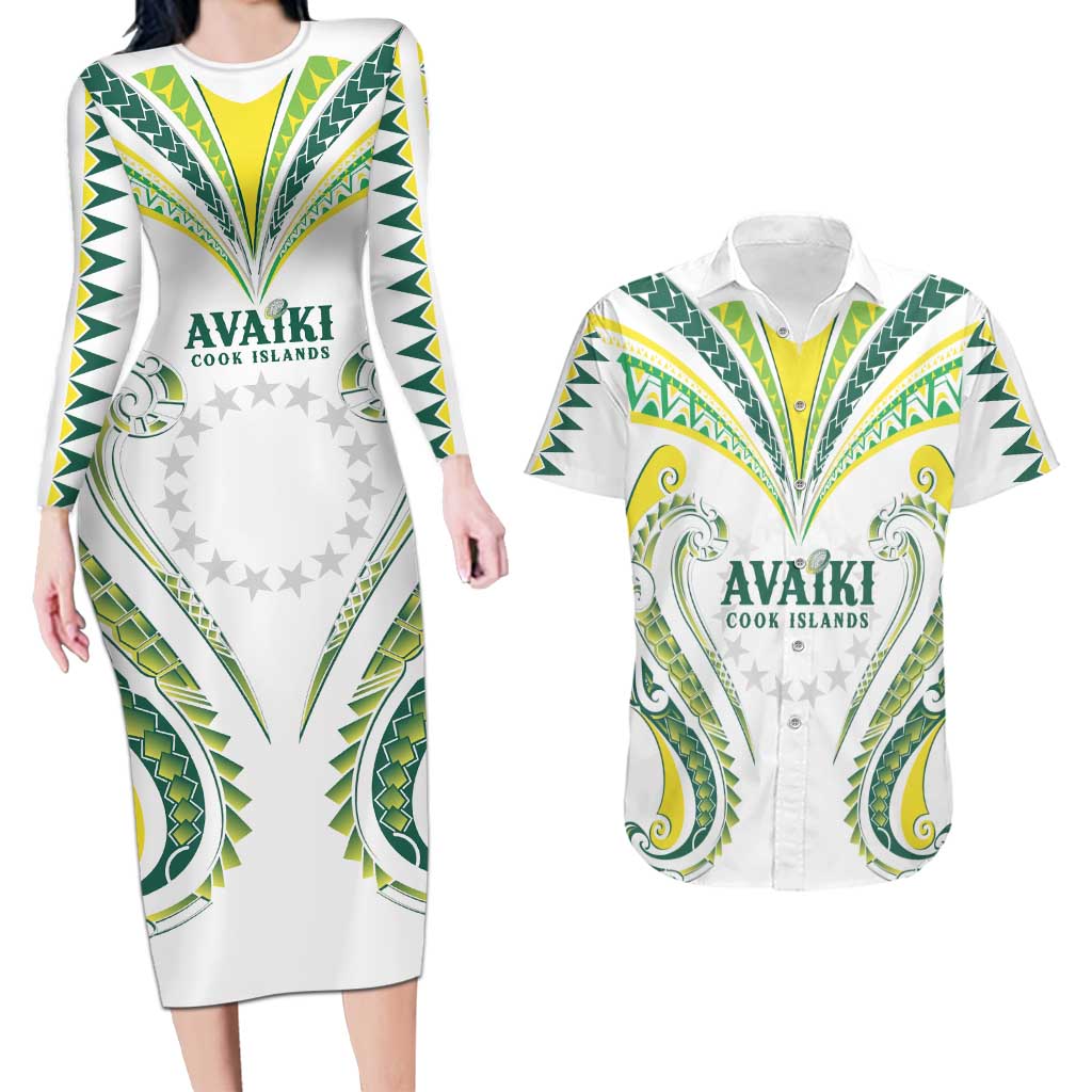 Custom Rugby Cook Islands Avaiki Couples Matching Long Sleeve Bodycon Dress and Hawaiian Shirt White Kuki Airani Tribal Maori Inspired - Polynesian Pride