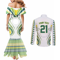 Custom Rugby Cook Islands Avaiki Couples Matching Mermaid Dress and Long Sleeve Button Shirt White Kuki Airani Tribal Maori Inspired - Polynesian Pride