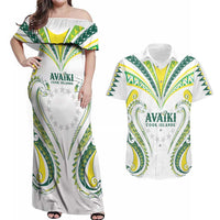 Custom Rugby Cook Islands Avaiki Couples Matching Off Shoulder Maxi Dress and Hawaiian Shirt White Kuki Airani Tribal Maori Inspired - Polynesian Pride