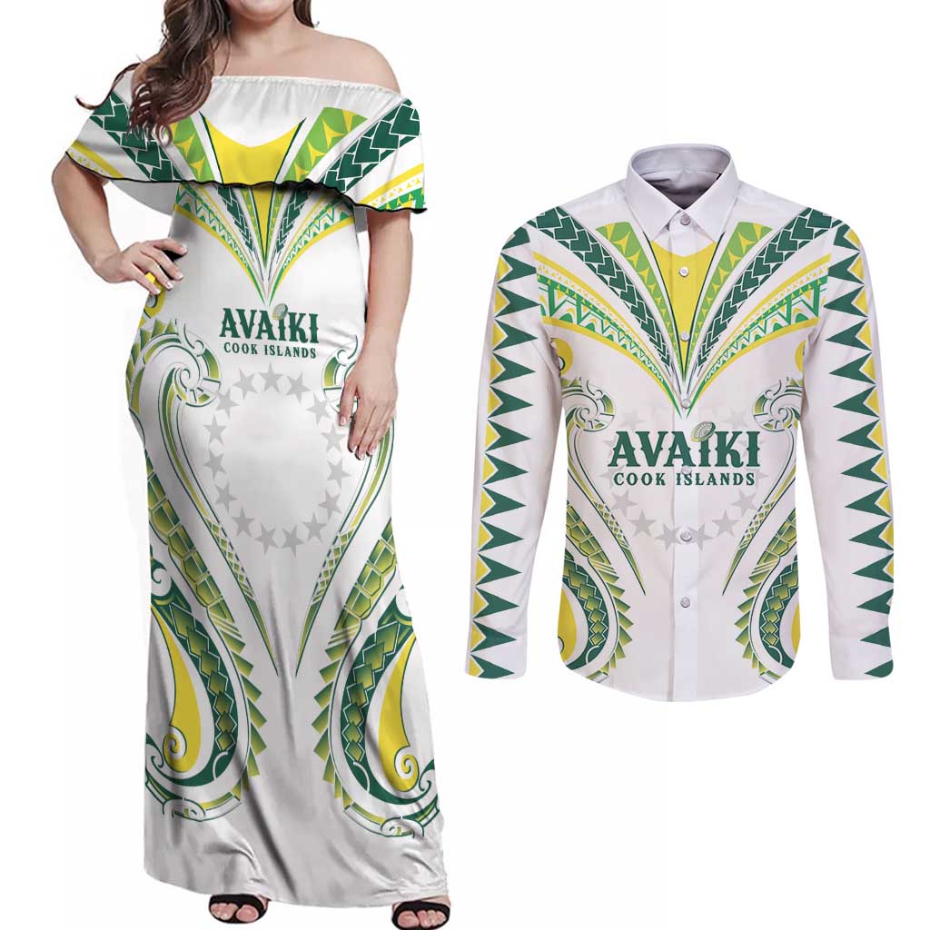 Custom Rugby Cook Islands Avaiki Couples Matching Off Shoulder Maxi Dress and Long Sleeve Button Shirt White Kuki Airani Tribal Maori Inspired - Polynesian Pride