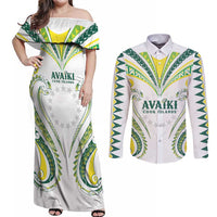 Custom Rugby Cook Islands Avaiki Couples Matching Off Shoulder Maxi Dress and Long Sleeve Button Shirt White Kuki Airani Tribal Maori Inspired - Polynesian Pride