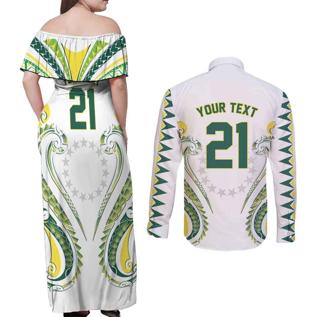Custom Rugby Cook Islands Avaiki Couples Matching Off Shoulder Maxi Dress and Long Sleeve Button Shirt White Kuki Airani Tribal Maori Inspired - Polynesian Pride