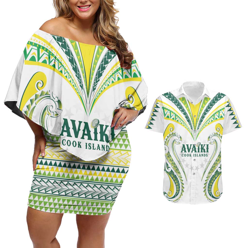 Custom Rugby Cook Islands Avaiki Couples Matching Off Shoulder Short Dress and Hawaiian Shirt White Kuki Airani Tribal Maori Inspired - Polynesian Pride