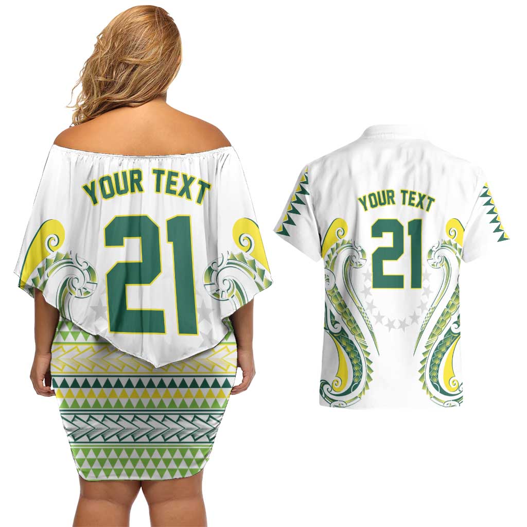 Custom Rugby Cook Islands Avaiki Couples Matching Off Shoulder Short Dress and Hawaiian Shirt White Kuki Airani Tribal Maori Inspired - Polynesian Pride