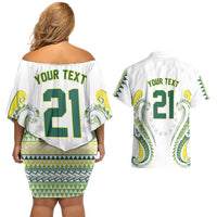 Custom Rugby Cook Islands Avaiki Couples Matching Off Shoulder Short Dress and Hawaiian Shirt White Kuki Airani Tribal Maori Inspired - Polynesian Pride