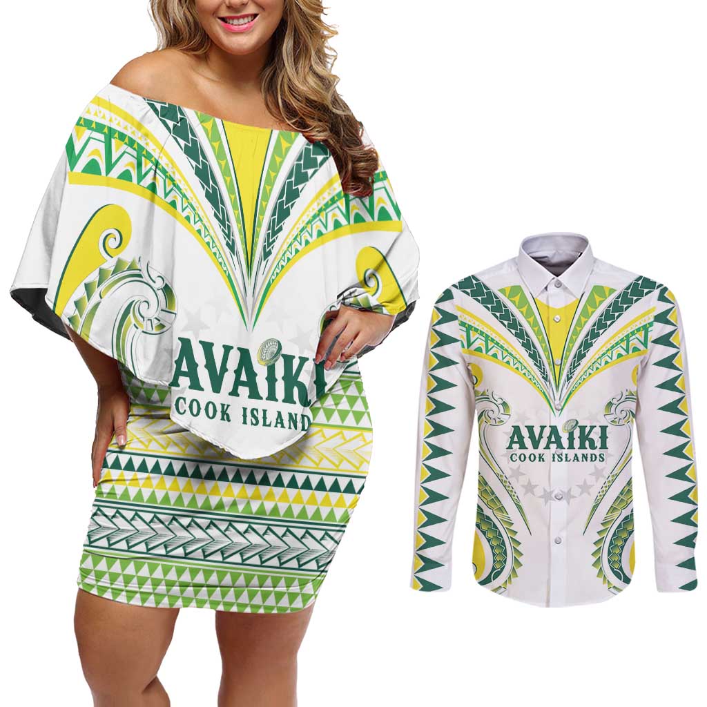 Custom Rugby Cook Islands Avaiki Couples Matching Off Shoulder Short Dress and Long Sleeve Button Shirt White Kuki Airani Tribal Maori Inspired - Polynesian Pride