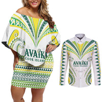 Custom Rugby Cook Islands Avaiki Couples Matching Off Shoulder Short Dress and Long Sleeve Button Shirt White Kuki Airani Tribal Maori Inspired - Polynesian Pride