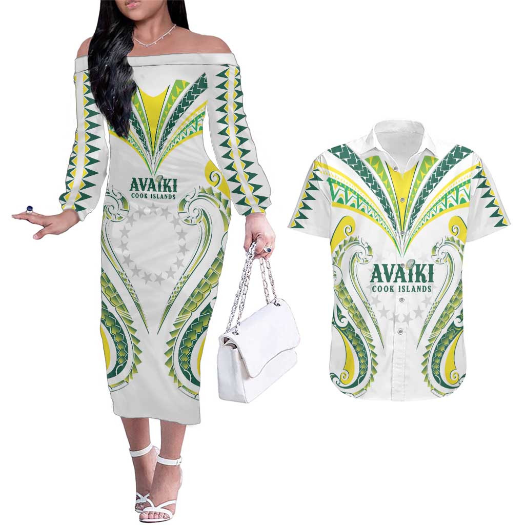 Custom Rugby Cook Islands Avaiki Couples Matching Off The Shoulder Long Sleeve Dress and Hawaiian Shirt White Kuki Airani Tribal Maori Inspired - Polynesian Pride