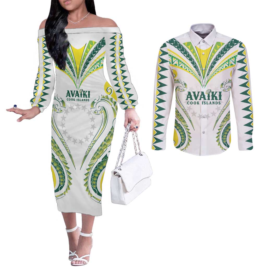 Custom Rugby Cook Islands Avaiki Couples Matching Off The Shoulder Long Sleeve Dress and Long Sleeve Button Shirt White Kuki Airani Tribal Maori Inspired - Polynesian Pride