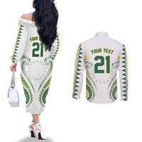 Custom Rugby Cook Islands Avaiki Couples Matching Off The Shoulder Long Sleeve Dress and Long Sleeve Button Shirt White Kuki Airani Tribal Maori Inspired - Polynesian Pride