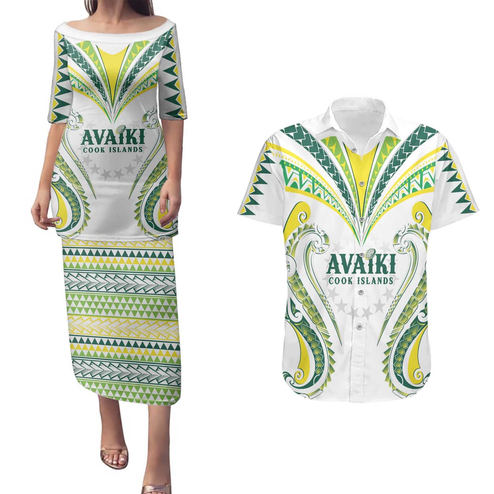 Custom Rugby Cook Islands Avaiki Couples Matching Puletasi and Hawaiian Shirt White Kuki Airani Tribal Maori Inspired - Polynesian Pride