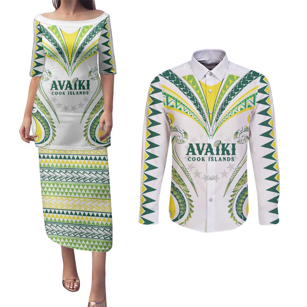 Custom Rugby Cook Islands Avaiki Couples Matching Puletasi and Long Sleeve Button Shirt White Kuki Airani Tribal Maori Inspired - Polynesian Pride