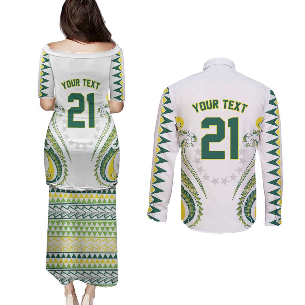 Custom Rugby Cook Islands Avaiki Couples Matching Puletasi and Long Sleeve Button Shirt White Kuki Airani Tribal Maori Inspired - Polynesian Pride