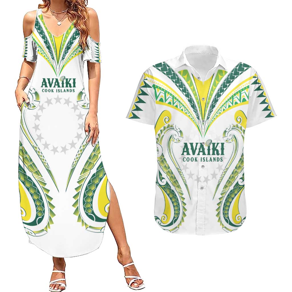 Custom Rugby Cook Islands Avaiki Couples Matching Summer Maxi Dress and Hawaiian Shirt White Kuki Airani Tribal Maori Inspired - Polynesian Pride