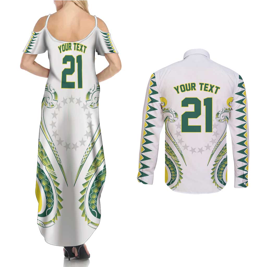 Custom Rugby Cook Islands Avaiki Couples Matching Summer Maxi Dress and Long Sleeve Button Shirt White Kuki Airani Tribal Maori Inspired - Polynesian Pride