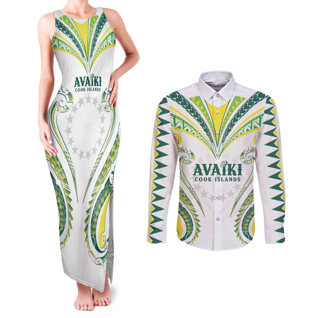 Custom Rugby Cook Islands Avaiki Couples Matching Tank Maxi Dress and Long Sleeve Button Shirt White Kuki Airani Tribal Maori Inspired - Polynesian Pride