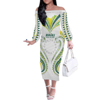 Custom Rugby Cook Islands Avaiki Family Matching Off The Shoulder Long Sleeve Dress and Hawaiian Shirt White Kuki Airani Tribal Maori Inspired - Polynesian Pride
