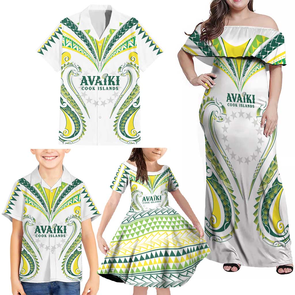 Custom Rugby Cook Islands Avaiki Family Matching Off Shoulder Maxi Dress and Hawaiian Shirt White Kuki Airani Tribal Maori Inspired - Polynesian Pride