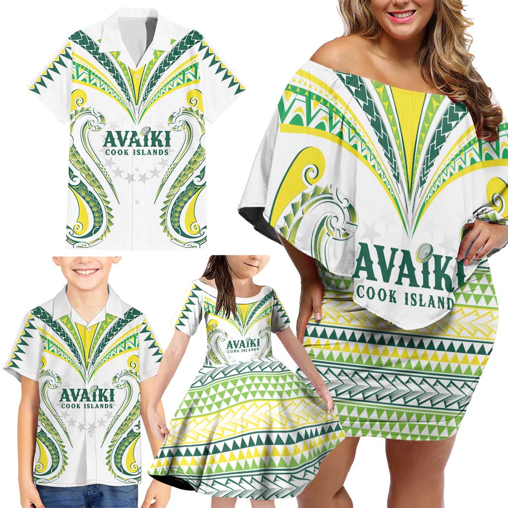 Custom Rugby Cook Islands Avaiki Family Matching Off Shoulder Short Dress and Hawaiian Shirt White Kuki Airani Tribal Maori Inspired - Polynesian Pride