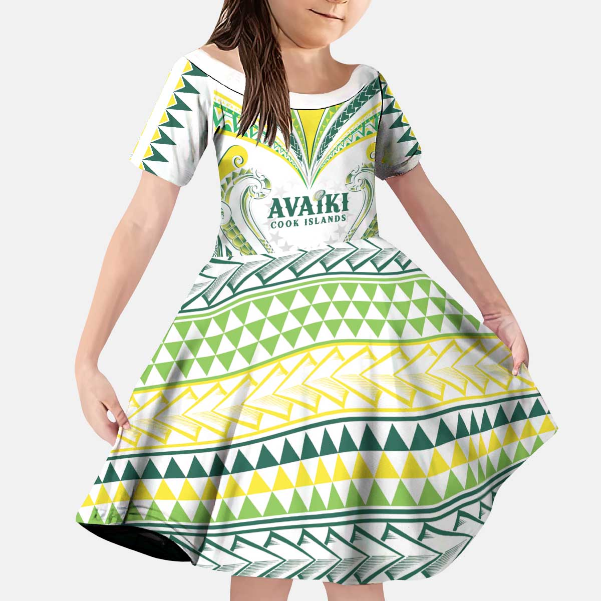 Custom Rugby Cook Islands Avaiki Kid Short Sleeve Dress White Kuki Airani Tribal Maori Inspired - Polynesian Pride