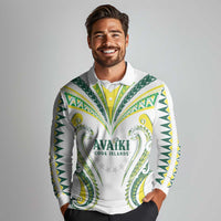 Custom Rugby Cook Islands Avaiki Long Sleeve Polo Shirt White Kuki Airani Tribal Maori Inspired - Polynesian Pride