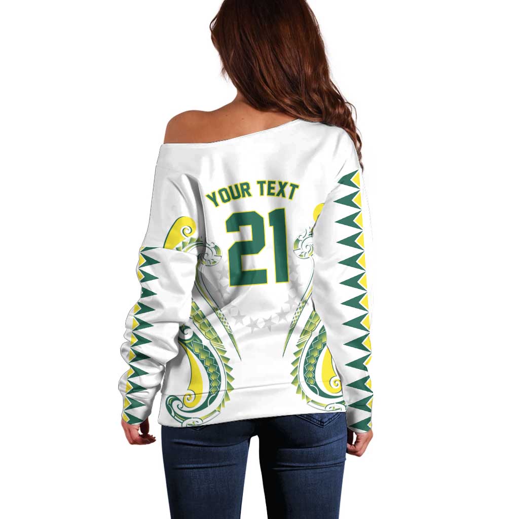 Custom Rugby Cook Islands Avaiki Off Shoulder Sweater White Kuki Airani Tribal Maori Inspired - Polynesian Pride