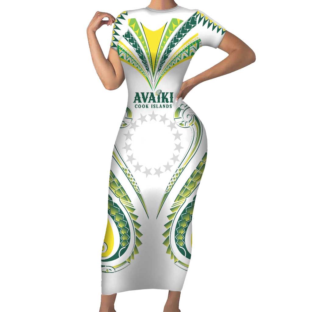 Custom Rugby Cook Islands Avaiki Short Sleeve Bodycon Dress White Kuki Airani Tribal Maori Inspired - Polynesian Pride