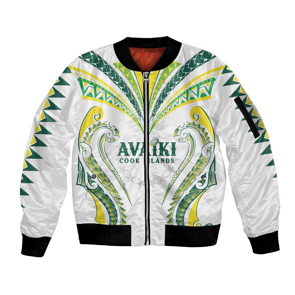 Custom Rugby Cook Islands Avaiki Sleeve Zip Bomber Jacket White Kuki Airani Tribal Maori Inspired - Polynesian Pride
