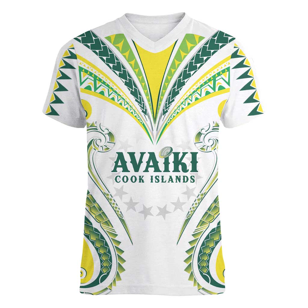 Custom Rugby Cook Islands Avaiki Women V-Neck T-Shirt White Kuki Airani Tribal Maori Inspired - Polynesian Pride