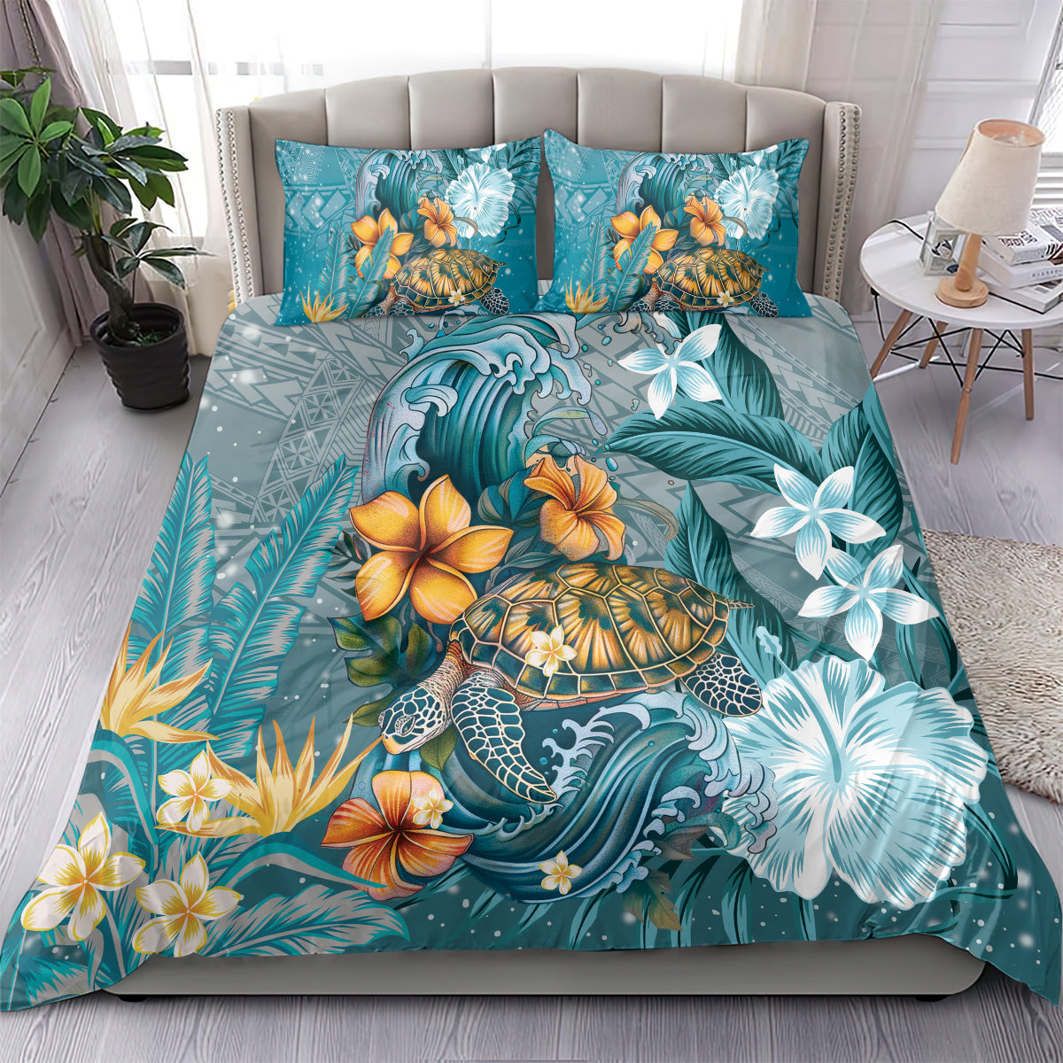 Sea Turtle In The Ocean Bedding Set with Polynesian Pattern Arty Style