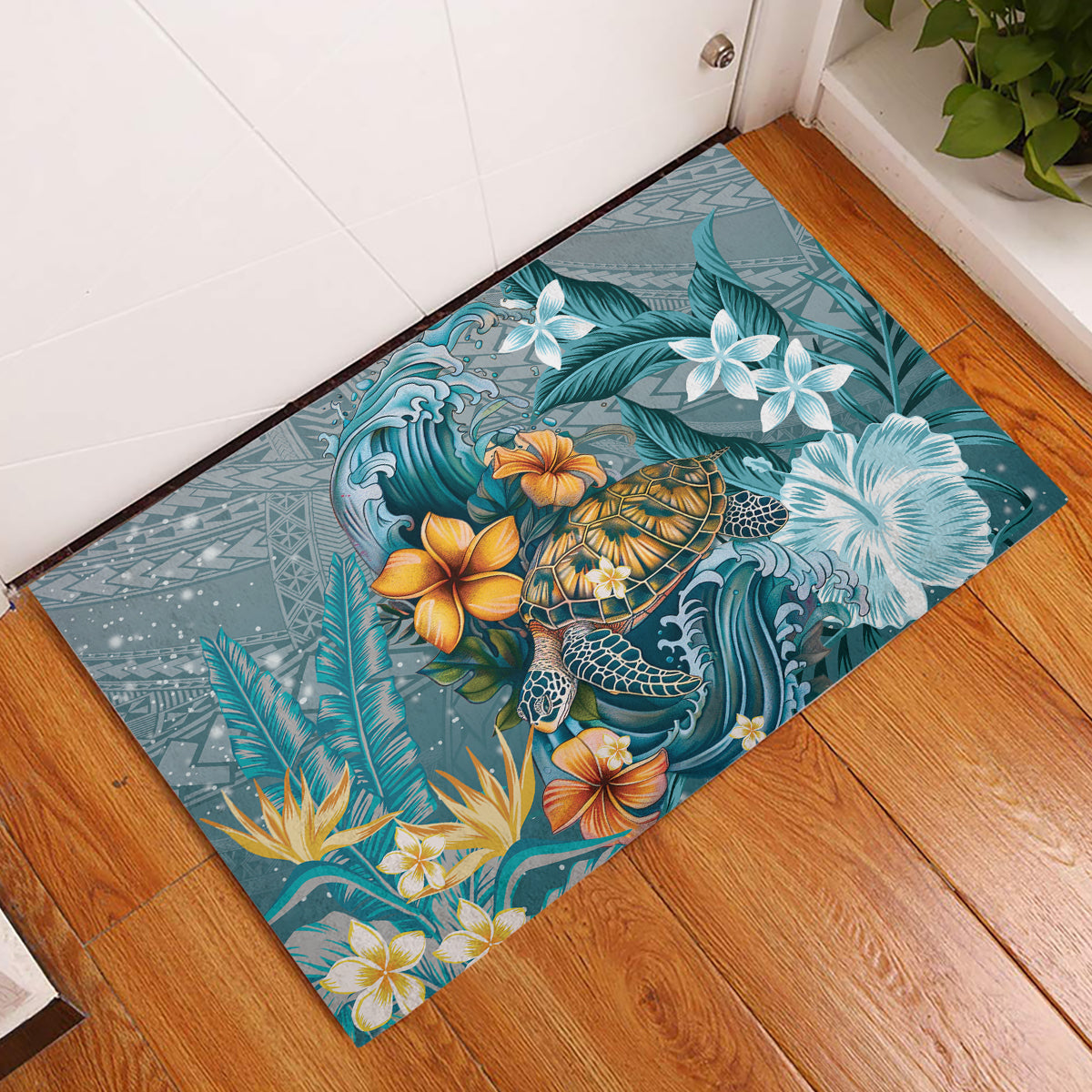Sea Turtle In The Ocean Rubber Doormat with Polynesian Pattern Arty Style