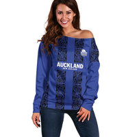 Custom Oceania Football NZ Auckland Off Shoulder Sweater Maori Tribal Pattern LT9 Women Blue - Polynesian Pride