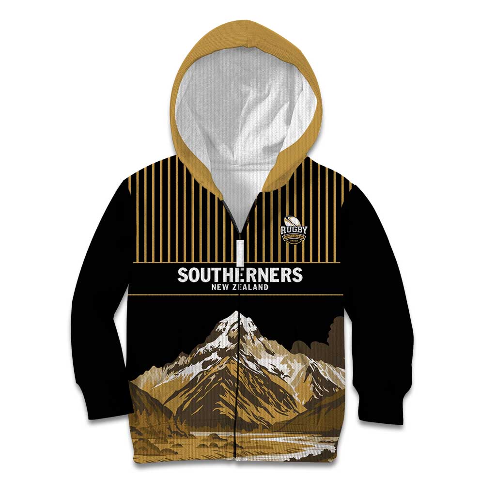 Custom Oceania Football NZ South Island Kid Hoodie Minimal Mount Cook Silhouette LT9 Zip Hoodie Black - Polynesian Pride