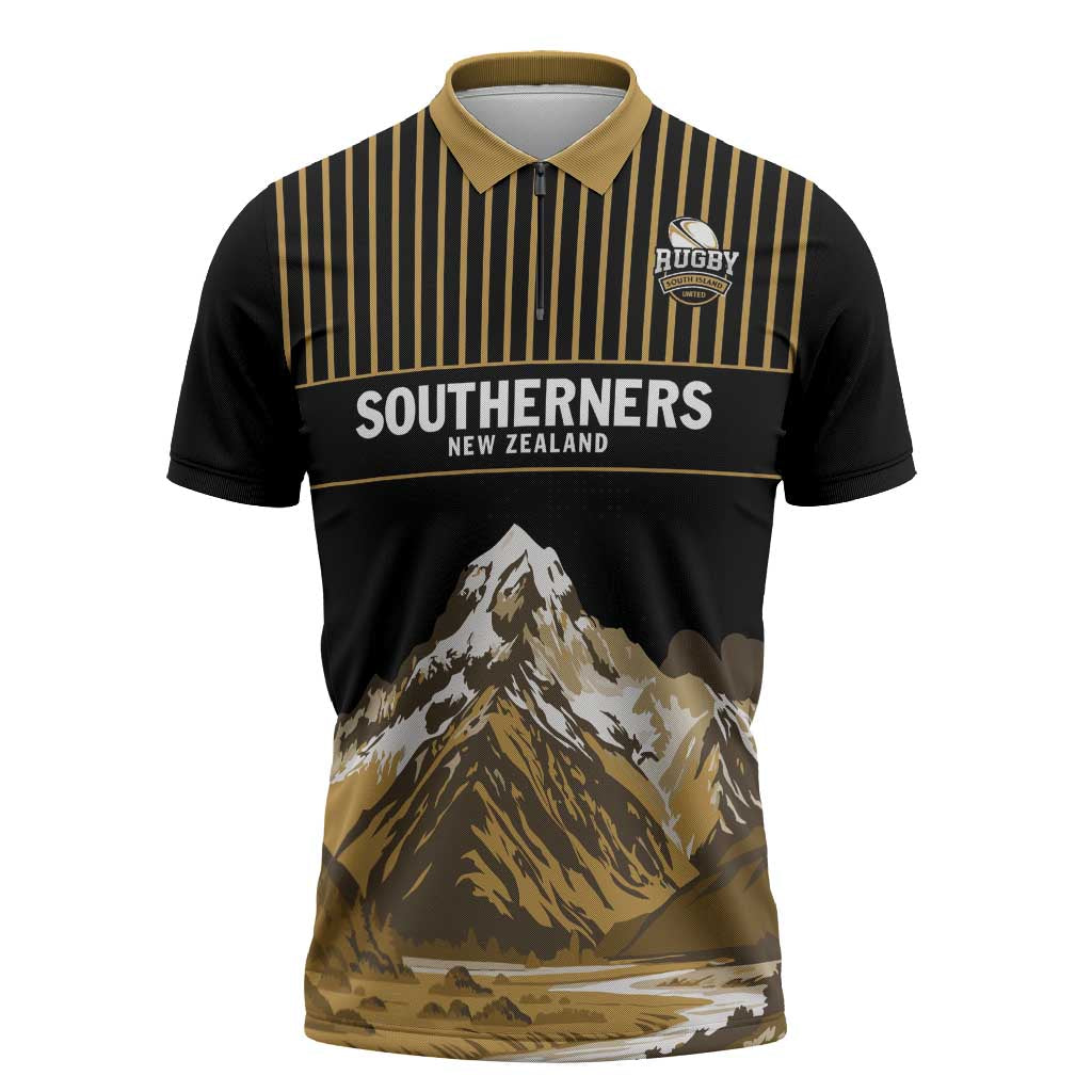 Custom Oceania Football NZ South Island Zipper Polo Shirt Minimal Mount Cook Silhouette