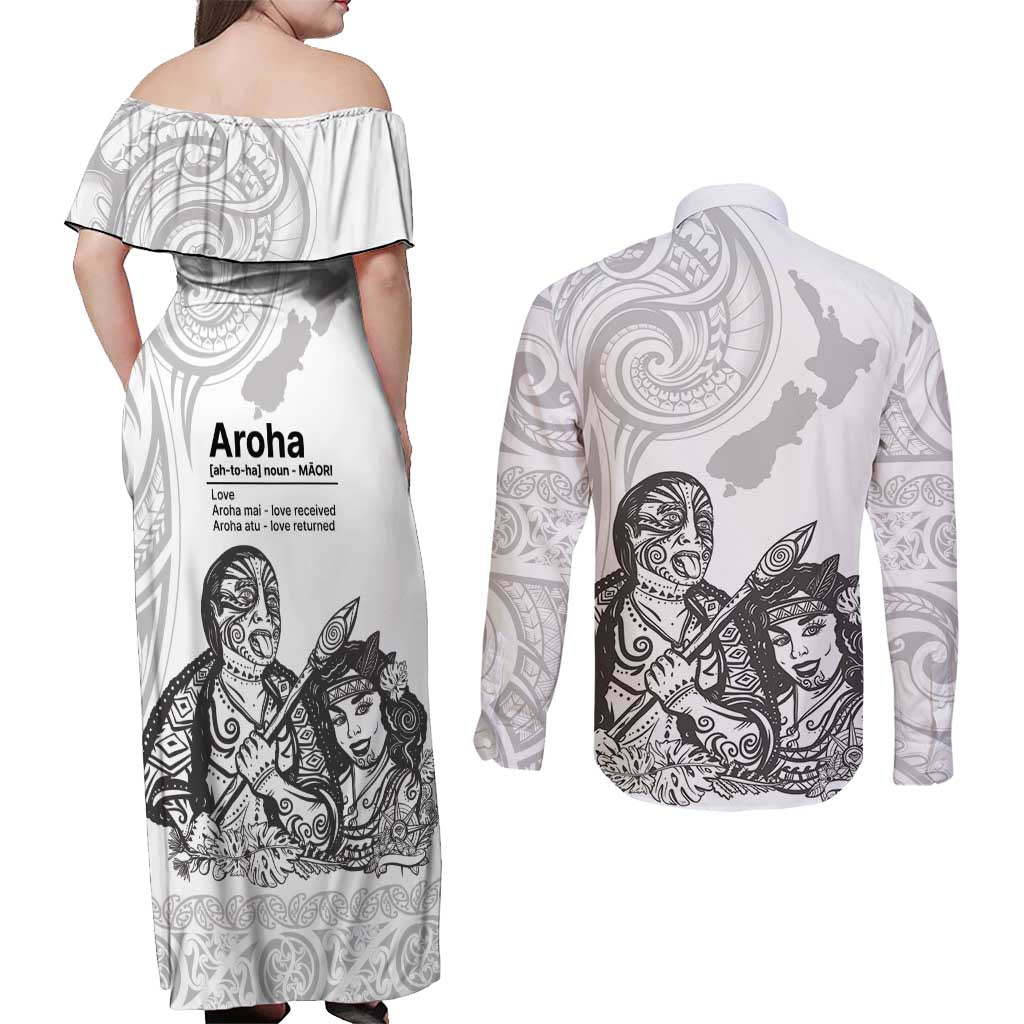 Aroha Maori Language Couples Matching Off Shoulder Maxi Dress and Long Sleeve Button Shirt Te Reo Maori Inspired Art
