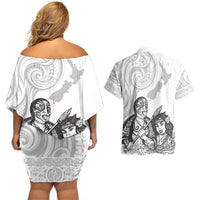 Aroha Maori Language Couples Matching Off Shoulder Short Dress and Hawaiian Shirt Te Reo Maori Inspired Art