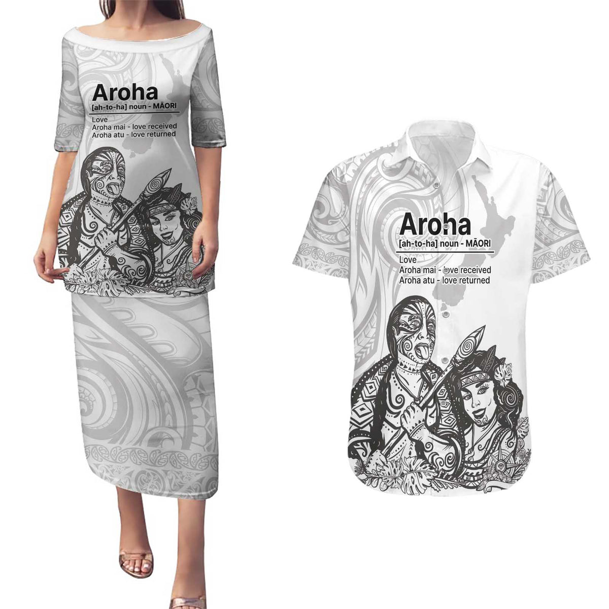 Aroha Maori Language Couples Matching Puletasi and Hawaiian Shirt Te Reo Maori Inspired Art