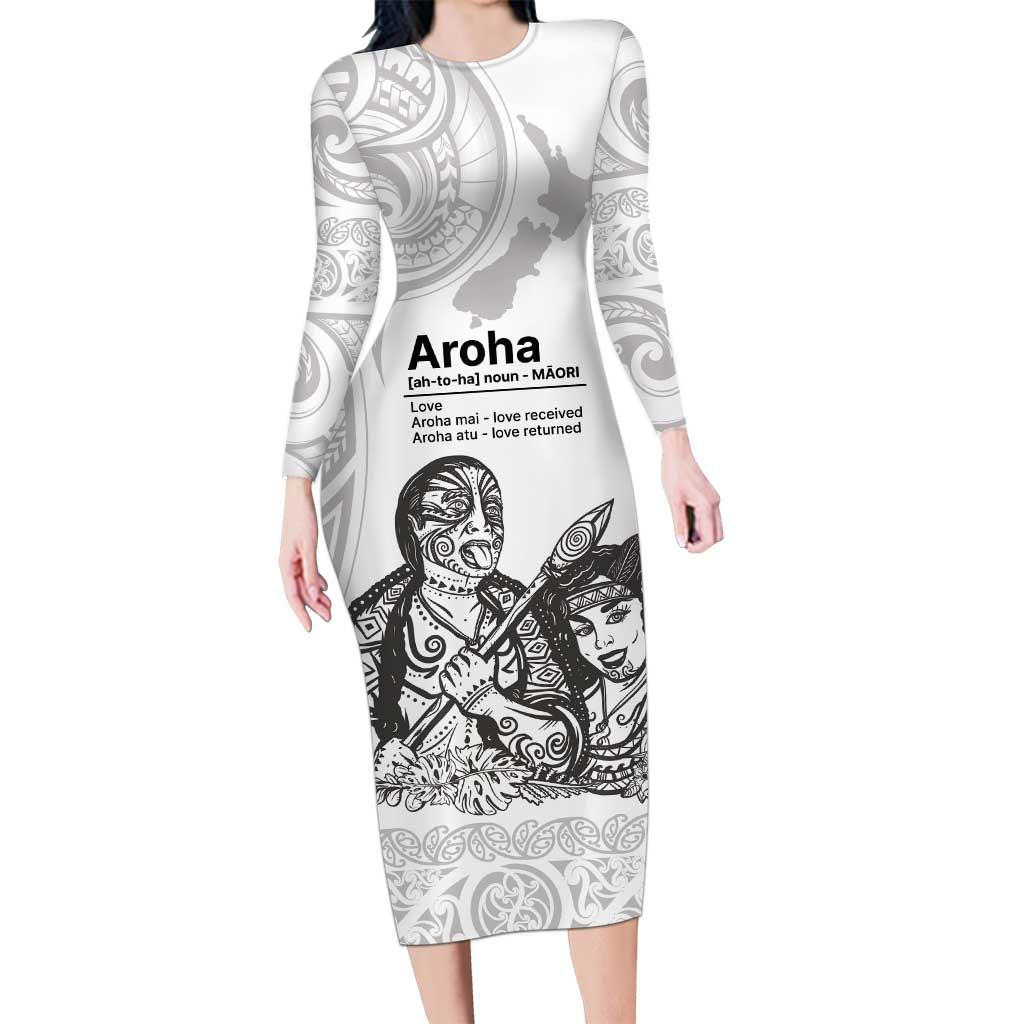 Aroha Maori Language Long Sleeve Bodycon Dress Te Reo Maori Inspired Art LT9 Long Dress white - Polynesian Pride