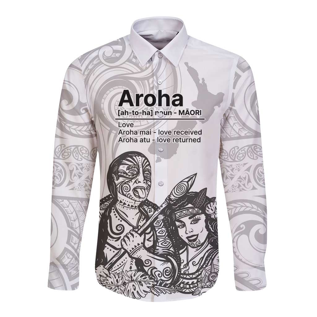 Aroha Maori Language Long Sleeve Button Shirt Te Reo Maori Inspired Art LT9 Unisex white - Polynesian Pride