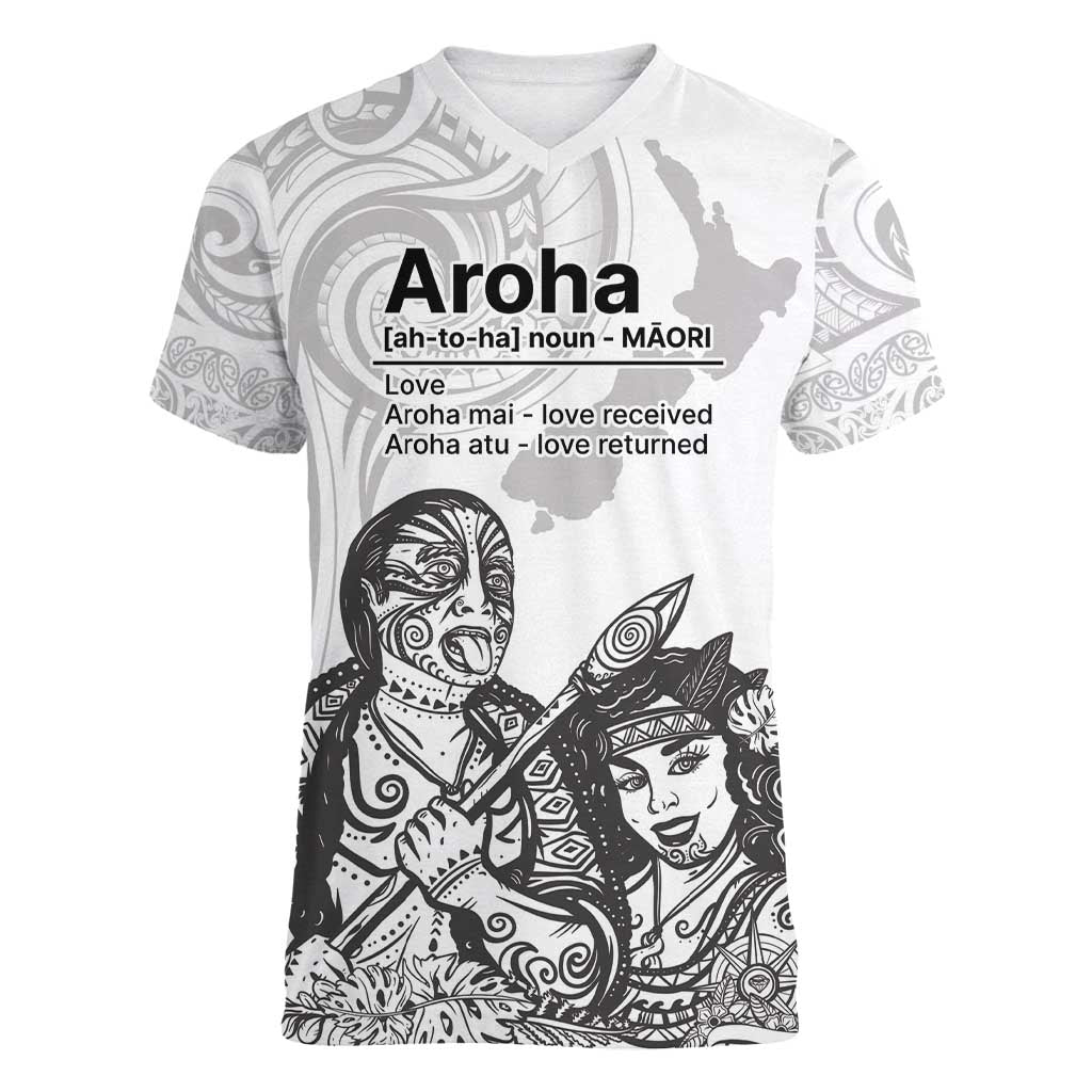Aroha Maori Language Women V-Neck T-Shirt Te Reo Maori Inspired Art LT9 Female white - Polynesian Pride