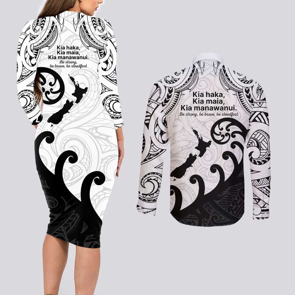 Kia Haka Maori language Couples Matching Long Sleeve Bodycon Dress and Long Sleeve Button Shirt Te Reo Maori Inspired Art