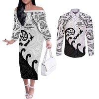 Kia Haka Maori language Couples Matching Off The Shoulder Long Sleeve Dress and Long Sleeve Button Shirt Te Reo Maori Inspired Art