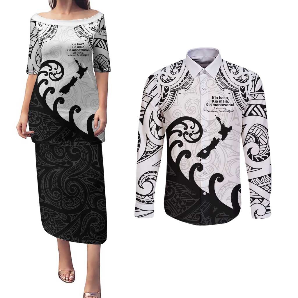 Kia Haka Maori language Couples Matching Puletasi and Long Sleeve Button Shirt Te Reo Maori Inspired Art