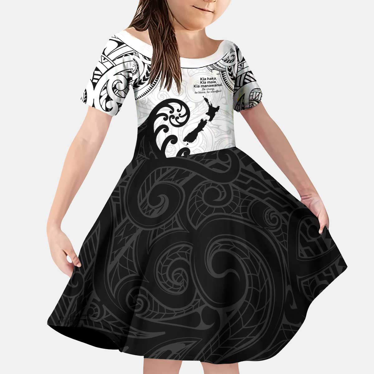 Kia Haka Maori language Kid Short Sleeve Dress Te Reo Maori Inspired Art LT9 KID white - Polynesian Pride